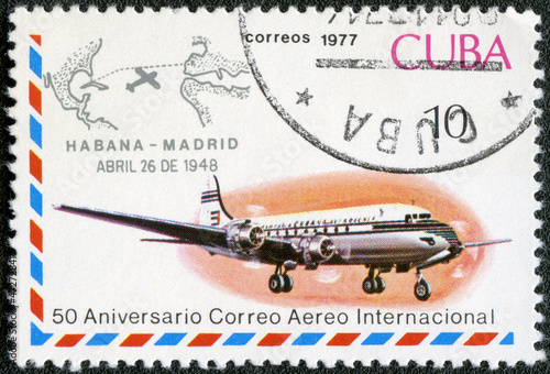 CUBA - 1977: Jet aircraft and Havana-Madrid cachet, Apr.26, 1948 photo