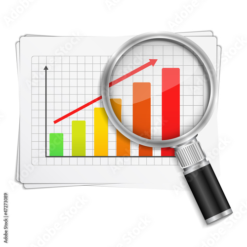 Magnifying glass showing rising bar graph