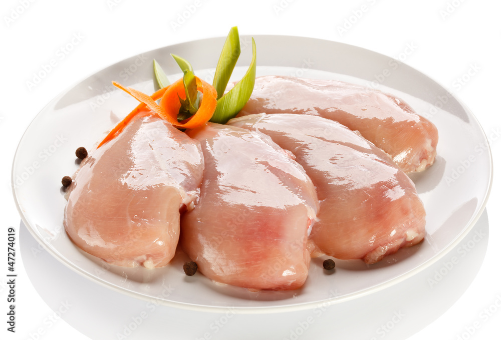 Raw chicken breasts on white background