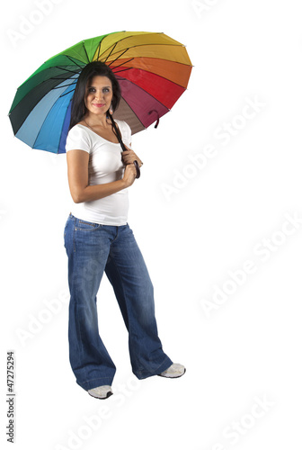 Portrait of young and beautiful woman with colorful umbrella