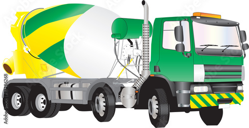 A Green and Yellow Concrete Mixer Truck isolated on white
