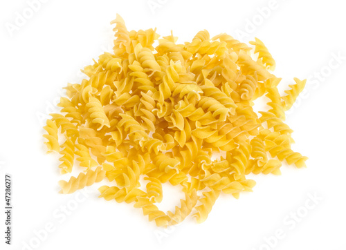 A portion of Rotini corkscrew pasta isolated on white.