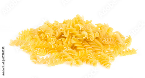 A portion of Rotini corkscrew pasta isolated on white.