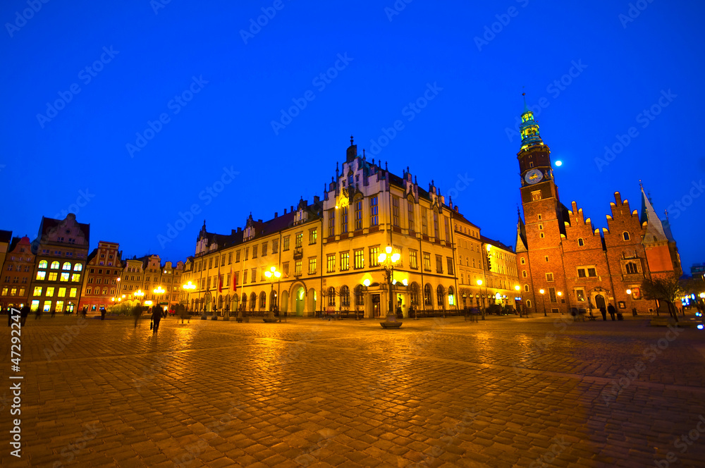 Market square and Town Hall at night. Wroclaw, Poland