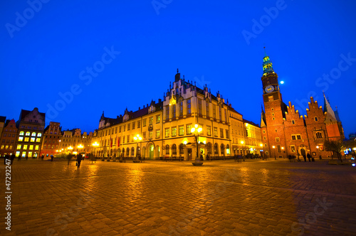 Market square and Town Hall at night. Wroclaw, Poland