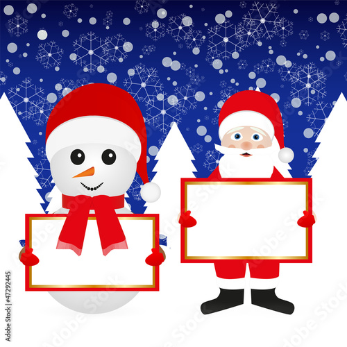 Santa Claus and snowman in a fairy forest with blank banner