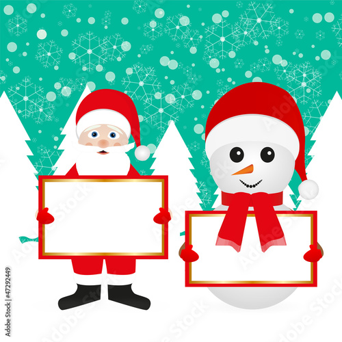 Santa Claus and snowman in a fairy forest with banners