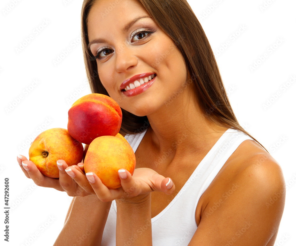 beautiful young woman with peaches, isolated on white beautiful young woman with peaches, isolated on white