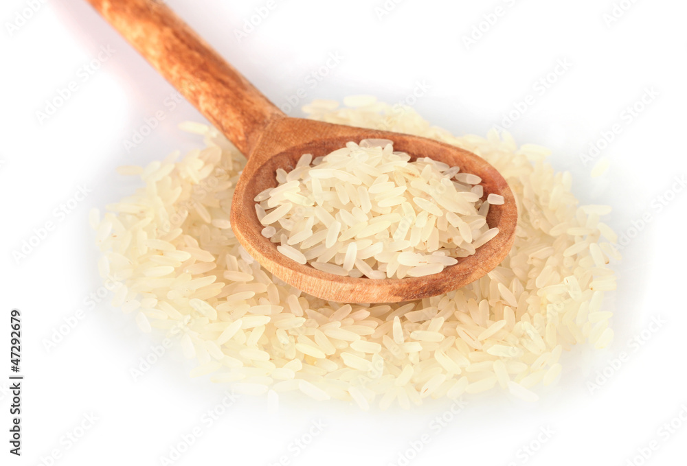 rice in wooden spoon isolated on white background rice in wooden spoon isolated on white background