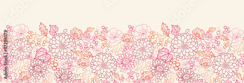 Vector flowers and berries line art horizontal seamless pattern