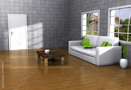 Modern living room with teak floor