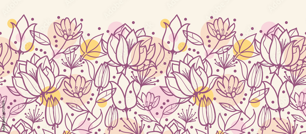 Vector purple line art flowers golden horizontal seamless Vector purple line art flowers golden horizontal seamless