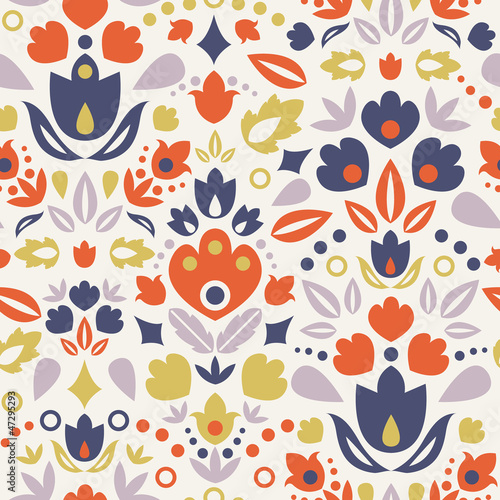 Fototapeta Naklejka Na Ścianę i Meble -  Vector ornamental folk tulips seamless pattern background with