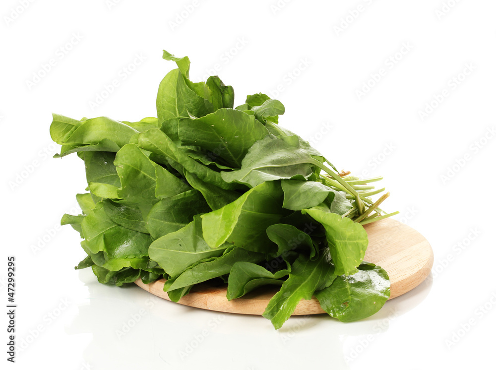 Fresh sorrel on board isolated on white Fresh sorrel on board isolated on white