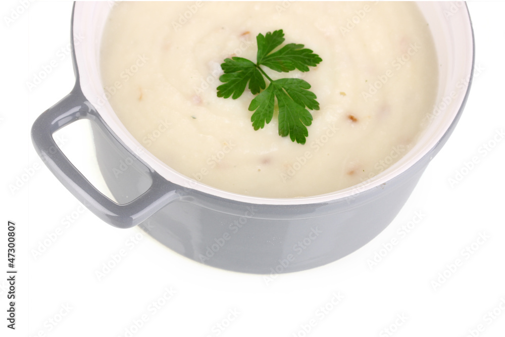 Mashed potatoes in saucepan isolated on white Mashed potatoes in saucepan isolated on white