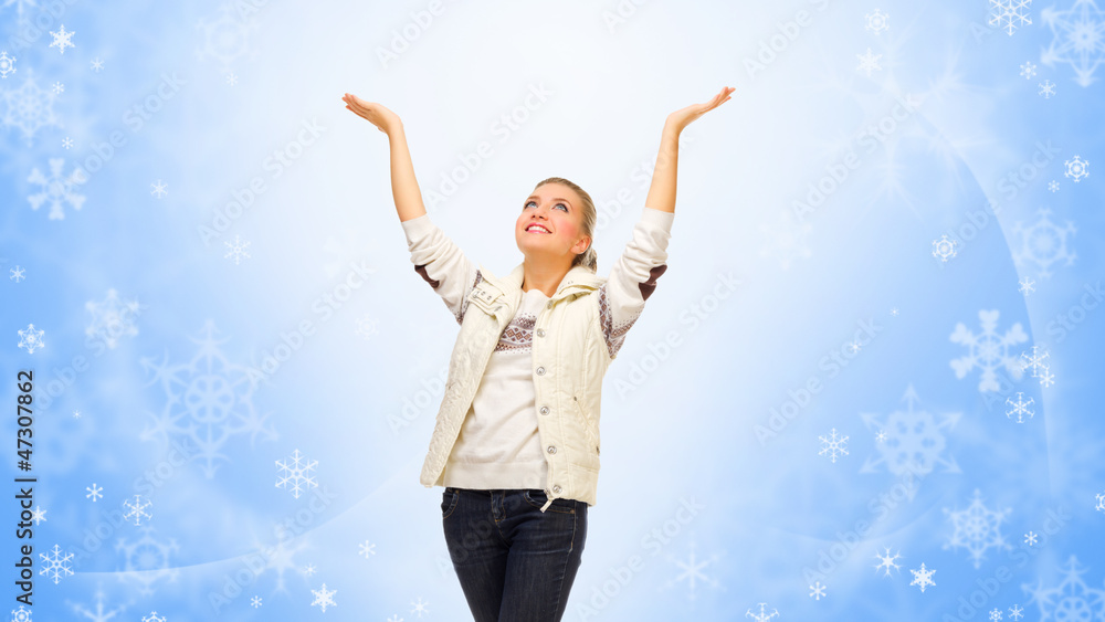 Young smiling girl lifted hands up Young smiling girl lifted hands up
