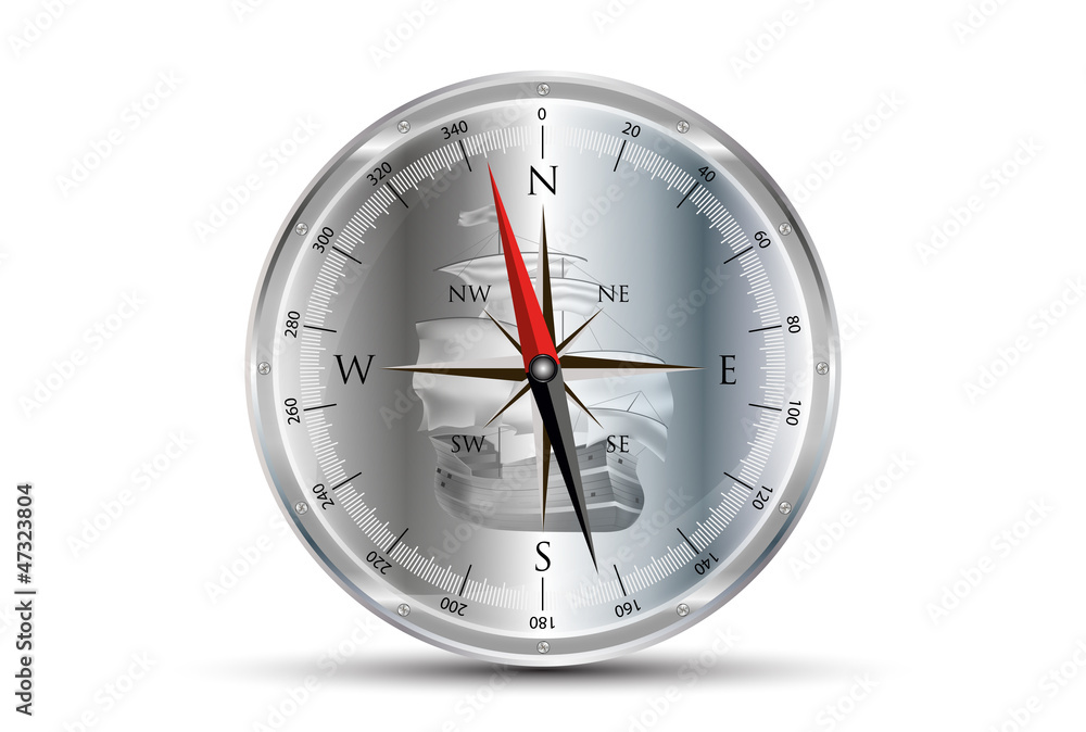 Compass Metallic With Sailboat Background Compass Metallic With Sailboat Background