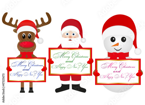 Christmas reindeer snowman and Santa Claus with banners