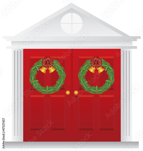 Christmas Wreath Hanging on Double Red Door Illustration