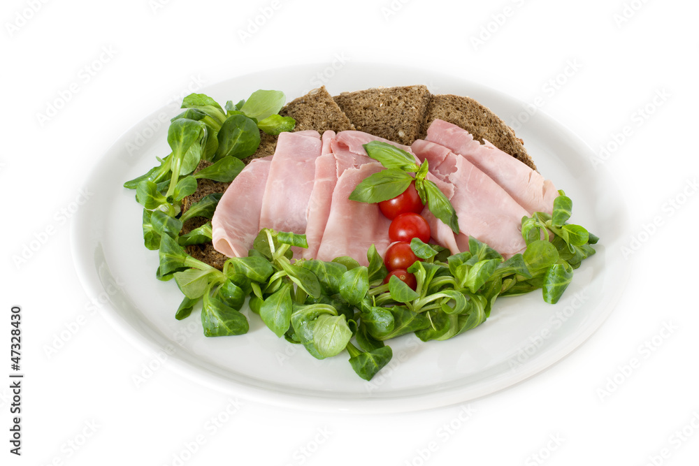 bread, ham, tomato served on a white plate bread, ham, tomato served on a white plate