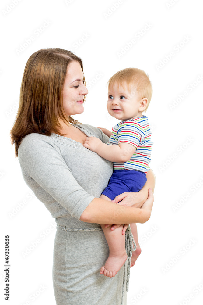 loving mother holding baby boy isolated on white loving mother holding baby boy isolated on white