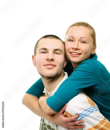 A young loving couple, isolated on white background