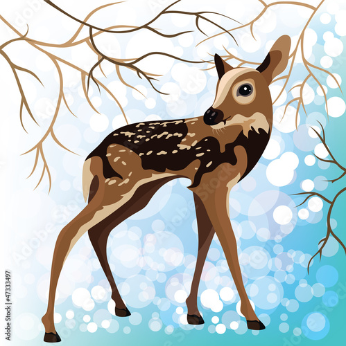 Young deer in a winter forest, vector illustration