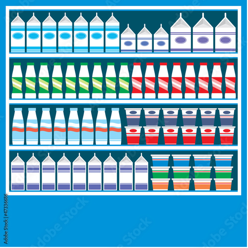 Supermarket shelves with dairy products