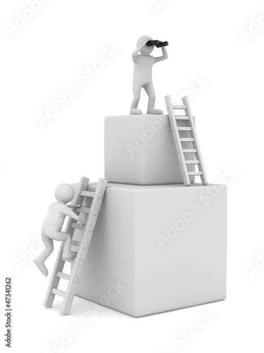 man on box and staircase. Isolated 3D image