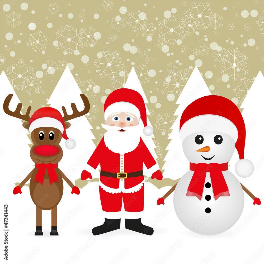 Santa Claus, Christmas reindeer and a snowman in a snowy forest