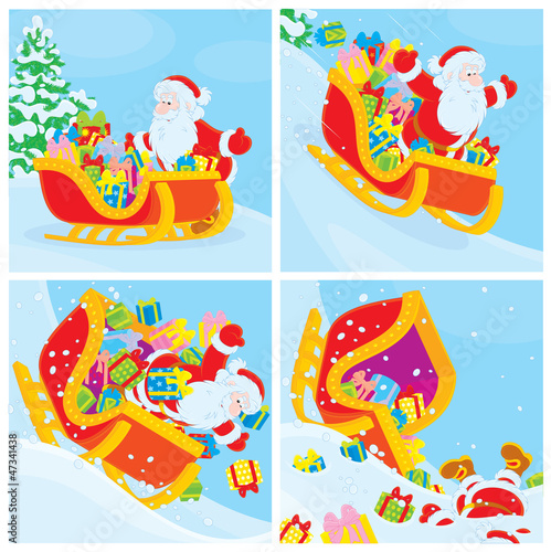 Santa Claus in his sleigh slides down
