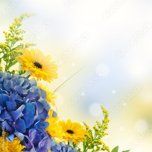 Bouquet from blue hydrangeas and yellow asters