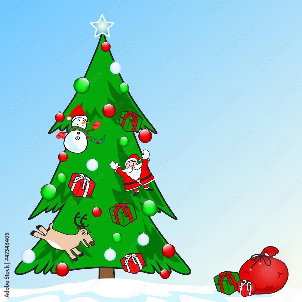 Fototapeta premium Christmas tree, cartoon