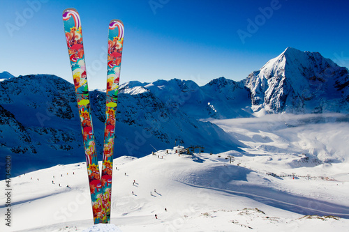 Winter sports - ski slopes in Italian Alps, space for text