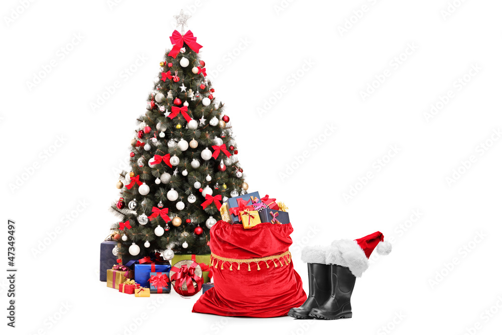 Christmas tree amd santa accessories, pair of boots and bag Christmas tree amd santa accessories, pair of boots and bag