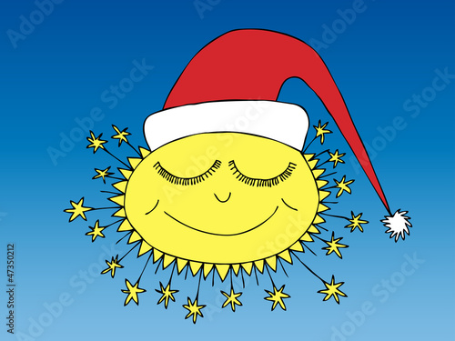 Sleeping winter sun in santa cap.