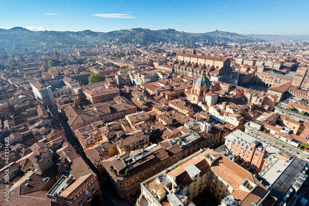 view from Asinelli Tower on Bologna with hills