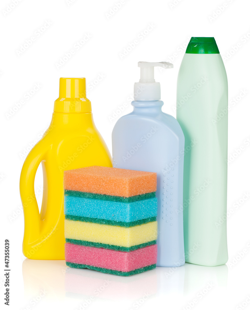 Plastic bottles of cleaning products and sponges Plastic bottles of cleaning products and sponges