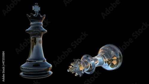 3D black and white glass chess kings on a black background