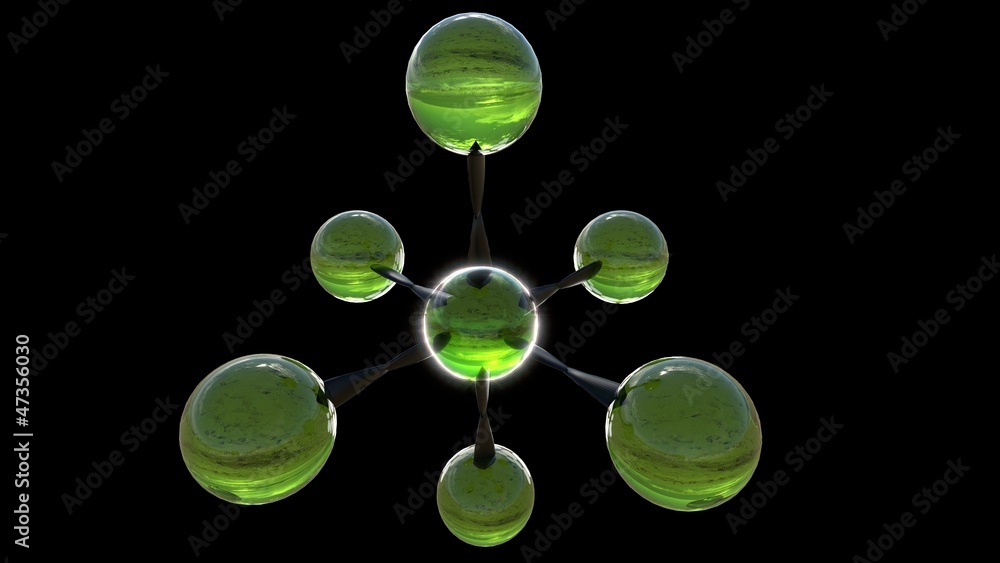 3D rendered green glass molecule on black background