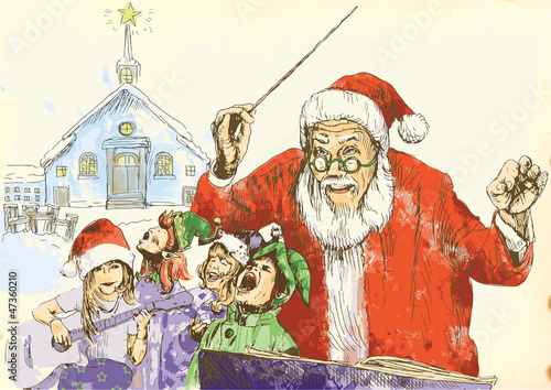 Santa Claus as conductor of the choir of Elves.