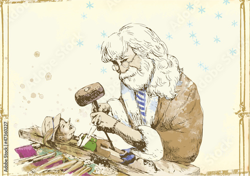 Geppetto, wood-carver sculpting Pinocchio puppet.