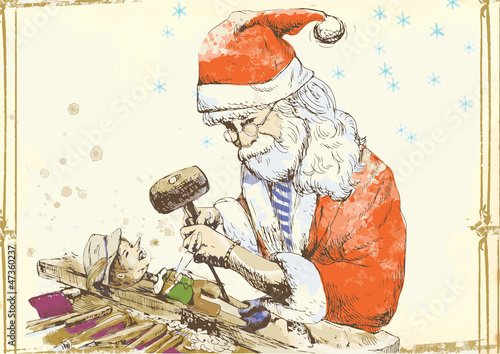 Santa Claus as a carver sculpting Pinocchio marionette.