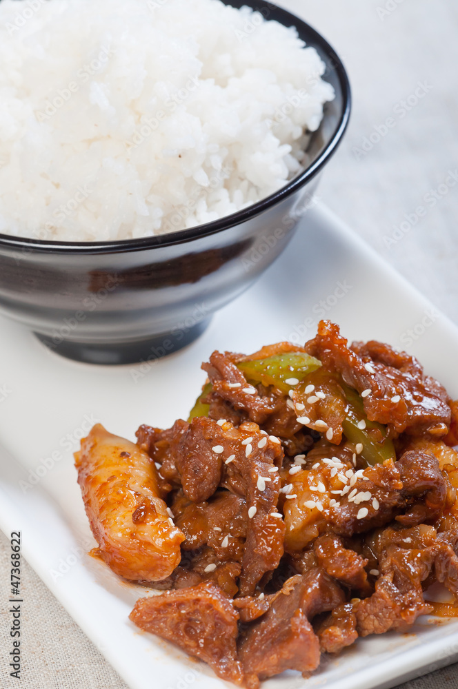 korean beef barbeque with rice cakes and rice on a side korean beef barbeque with rice cakes and rice on a side