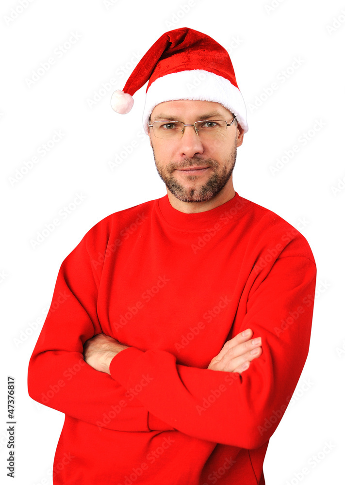 Smiling christmas man wearing a santa hat isolated on the white Smiling christmas man wearing a santa hat isolated on the white