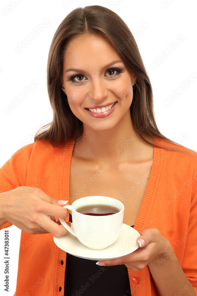 beautiful young woman with cup of coffee, isolated on white beautiful young woman with cup of coffee, isolated on white