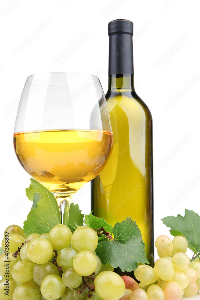 bottle and glass of wine and grapes, isolated on white