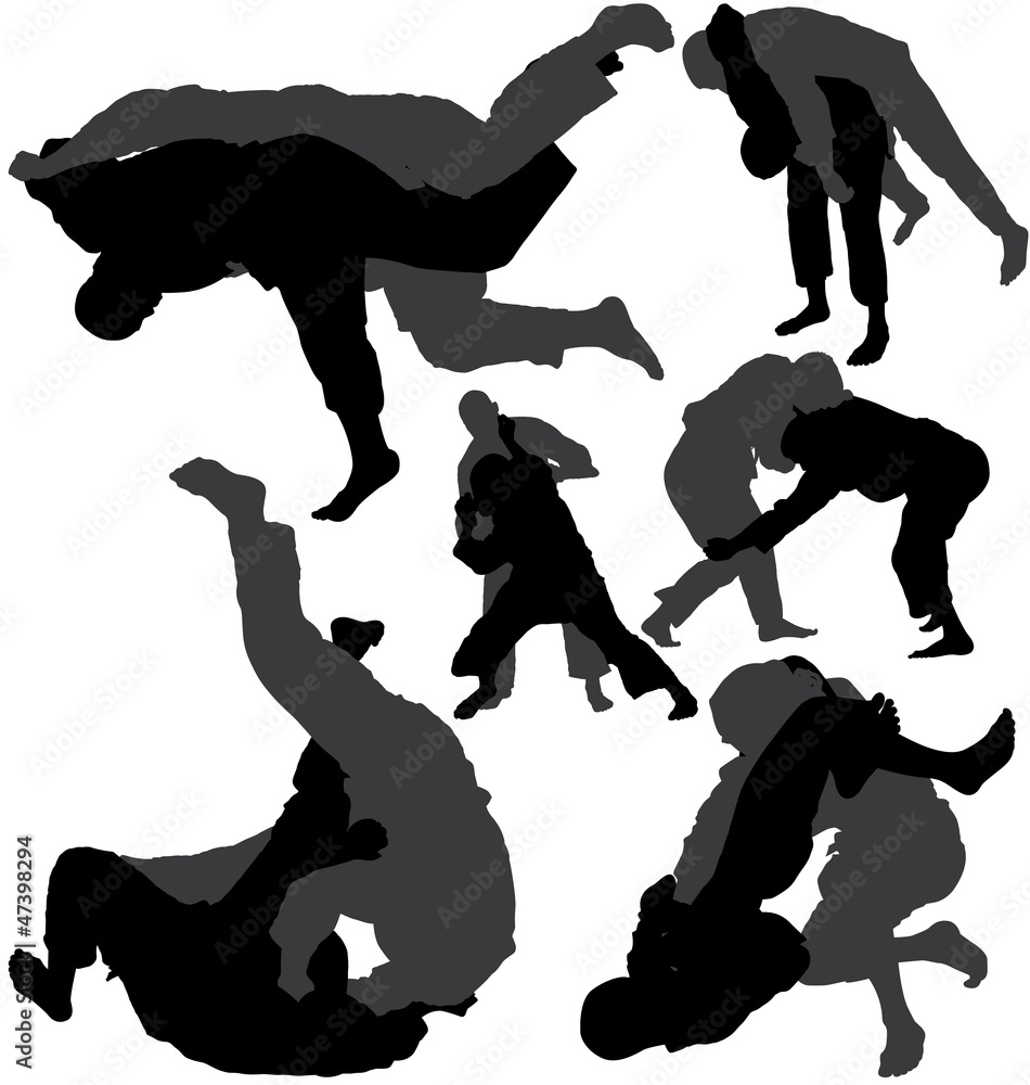 Jiu-jitsu (jujitsu) and judo wrestlers vector silhouettes - obrazy, fototapety, plakaty 