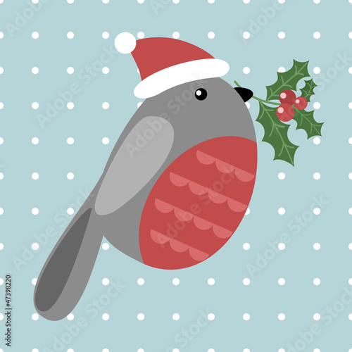 Christmas card with cute bullfinch