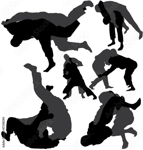 Jiu-jitsu (jujitsu) and judo wrestlers vector silhouettes isolated on white background